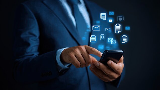 Businessman interacts with smartphone, surrounded by digital communication icons - Powered by Adobe