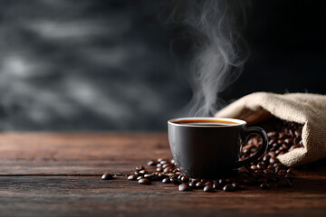 Steaming hot coffee in a black mug with scattered beans on wood.