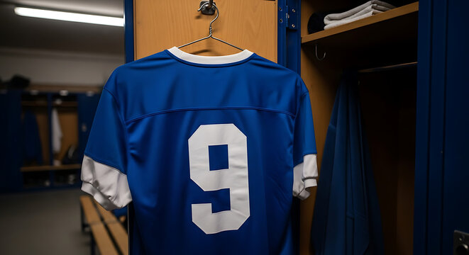 Iconic jersey number nine hangs ready in a professional locker room, inspiring athletic achievement and team spirit.