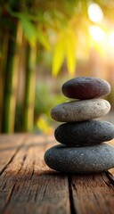 Stacked stones on rustic wood, peaceful garden background