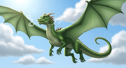 Obraz premium Majestic green dragon soaring through a bright blue sky with fluffy white clouds