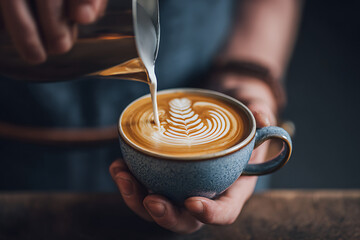 Barista pouring milk into a coffee cup to create latte art.