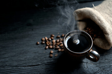 Steaming cup of coffee with beans on dark wooden table.