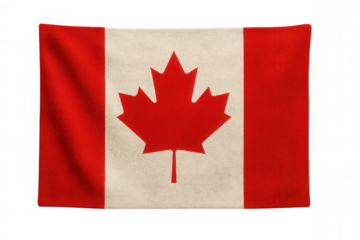 Canadian flag fluttering dynamically, displaying bold red and white colors with distinctive maple leaf symbol against clean transparent backdrop