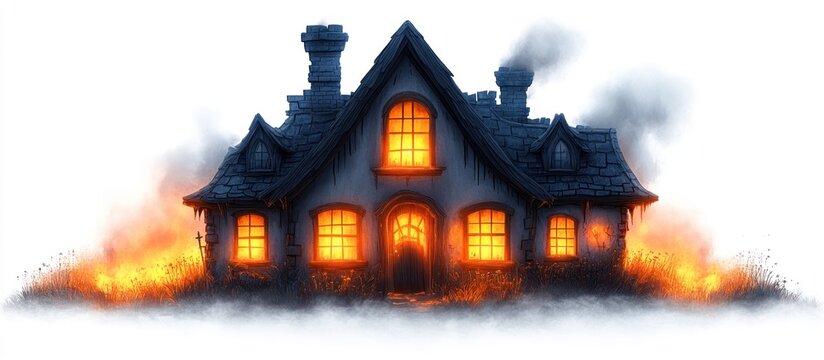 Spooky haunted house with glowing windows and smoke rising on a foggy night scene