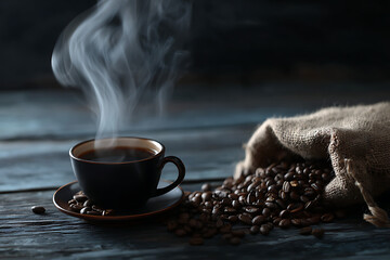 Steaming hot coffee cup with beans on a rustic dark wooden table.