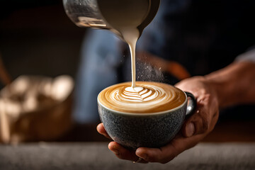 Barista carefully pouring milk to create intricate latte art in coffee.