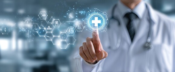 A doctor's hand interacts with a digital medical interface