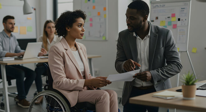 Diverse colleagues collaborating on project in modern office teamwork inclusivity accessibility business meeting professional partnership