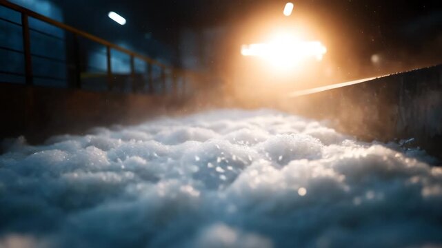 Foamy wastewater at an industrial treatment plant with dramatic lighting