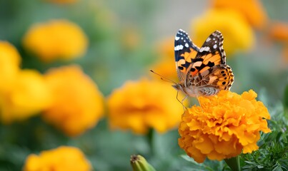 Obraz premium Close-up photo of a vibrant marigold flower (Tagetes) in full bloom, with a butterfly resting on its petals