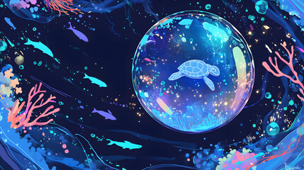 flat vector comic style cute turtle floating