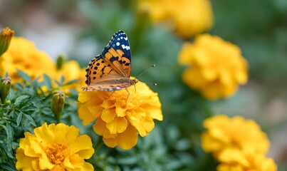 Obraz premium Close-up photo of a vibrant marigold flower (Tagetes) in full bloom, with a butterfly resting on its petals