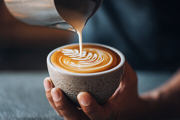 Barista pouring milk to create intricate latte art in a coffee cup