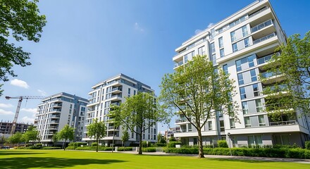 Modern Apartment Buildings, Green Lawn, Sunny Day.  Luxury Real Estate Development. Perfect for brochures, websites, and marketing materials.