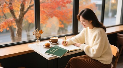 A smiling young Asian woman enjoys a quiet moment in a cozy cafe, writing "Goals November" in her journal. Through the window, beautiful autumn trees are visible.
