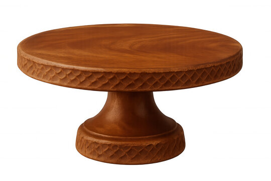 Rustic wooden cake stand featuring intricate carved details, elevating delicate pastries and desserts on transparent backdrop