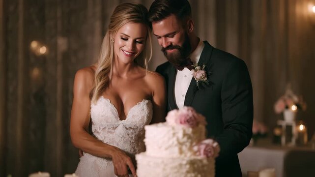 Bride and groom cutting their wedding cake at the reception