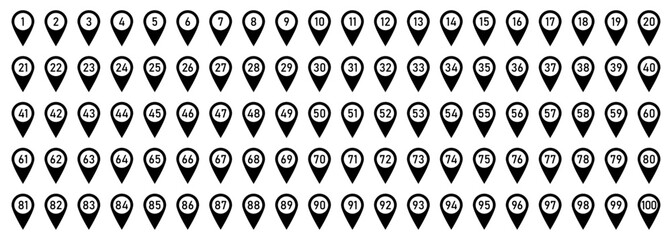 Vector illustration of 100 black location pin icons with numbers from 1 to 100. Numbered location pin icon set. Map marker symbol set with 1 to 100 numbers. Flat style.