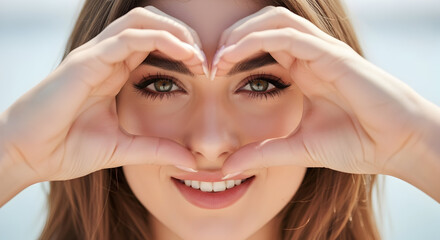 Woman making heart shape with hands beautiful eyes love romantic gesture valentines day feeling happy positive emotion pretty girl attractive female model skincare beauty cosmetics healthy lifestyle