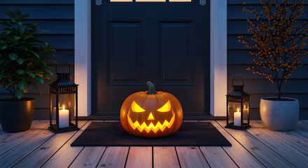 Fototapeta premium Glowing Jack-o'-Lantern on Porch – Halloween Doorstep Decoration Scene