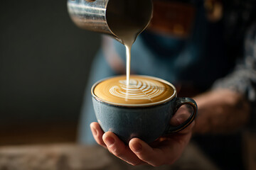 Barista artfully pouring milk to create beautiful latte art.