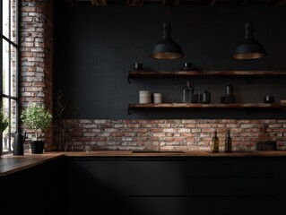 A dark and moody kitchen interior, featuring exposed brick, dark cabinetry, and rustic wooden shelves.