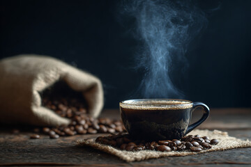 Steaming hot coffee cup with roasted beans on rustic wooden table.