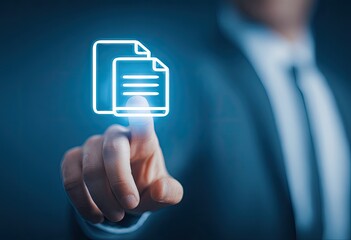 Businessperson's finger touches a glowing, superimposed document icon