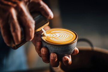 Barista pouring latte art into a ceramic cup, making a fresh brew.