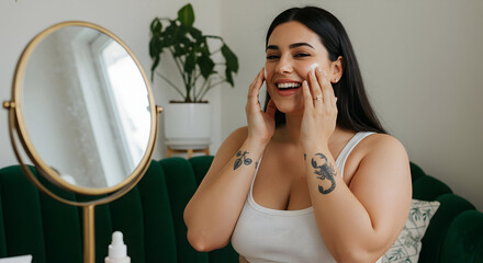 Happy woman applying face cream skincare routine selfcare beauty healthy skin glow morning ritual positive body image plus size model