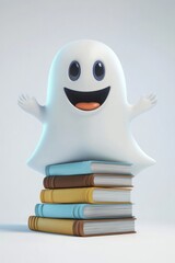 Obraz premium Happy ghost character sitting on a stack of colorful books in a bright studio