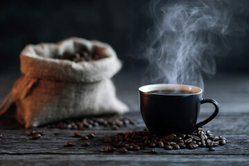Steaming cup of fresh coffee with beans and burlap sack on wood.