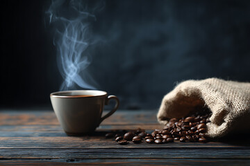Fragrant coffee in a cup next to a bag of roasted whole beans.