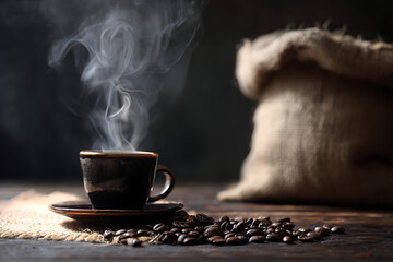 Steaming coffee cup with roasted beans and a burlap sack.