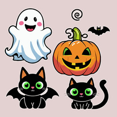 Fototapeta premium Cartoon Halloween vector set featuring a smiling ghost, jack-o’-lantern pumpkin, black cats, and bat. Perfect for stickers, greeting cards, posters, and festive designs.