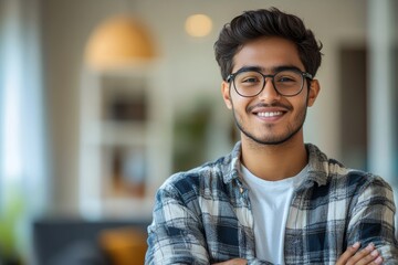 Portrait of young Indian man wearing glasses and casual clothes, standing at home with his arms crossed on his chest, smiling confidently at the camera, Generative AI