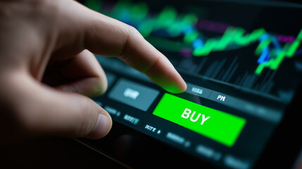 Fototapeta premium Finger about to press green BUY button on digital stock trading interface.