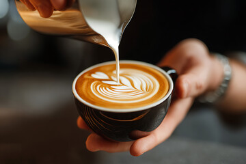 Barista creating intricate latte art by pouring milk into a coffee cup.