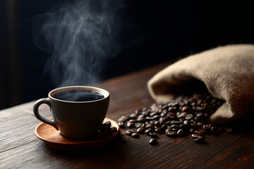 Steaming hot coffee cup and roasted beans on a rustic wood table.