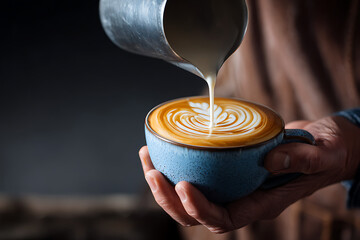 Pouring milk to create beautiful latte art in a blue ceramic cup.