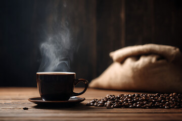 Freshly brewed coffee steaming beside dark roasted beans.