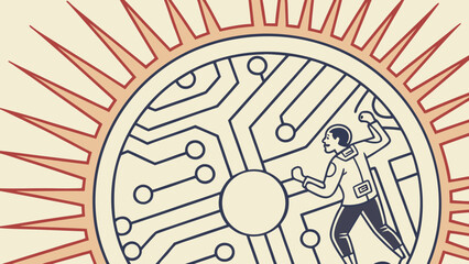 Astronaut exploring a digital circuit board resembling a sun with radiating lines