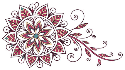 Intricate floral mandala design with swirling vines and colorful leaves in a decorative pattern