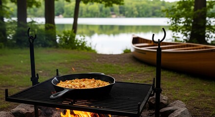 Outdoor cooking experience grilling food in a cast iron skillet by a serene lake with canoe