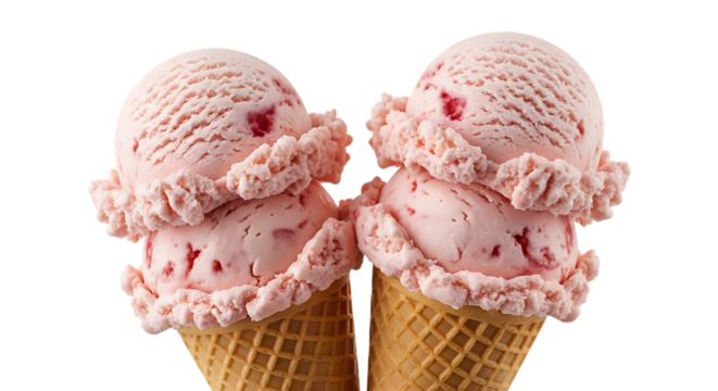 Two Strawberry Ice Cream Cones double scoop dessert isolated on a transparent background