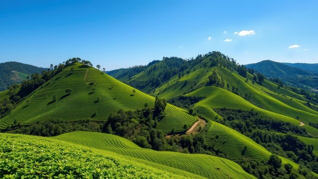 Lush green mountain view under clear blue sky
