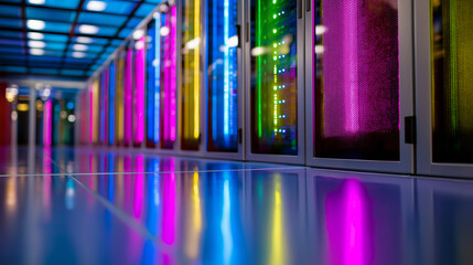 Modern data center with illuminated server racks in vibrant colors and reflective floor.