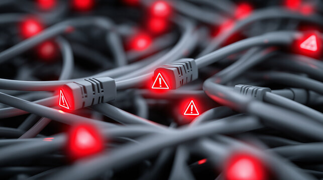 Tangled network cables with red warning icons indicating system failure or cyber threat. - Powered by Adobe