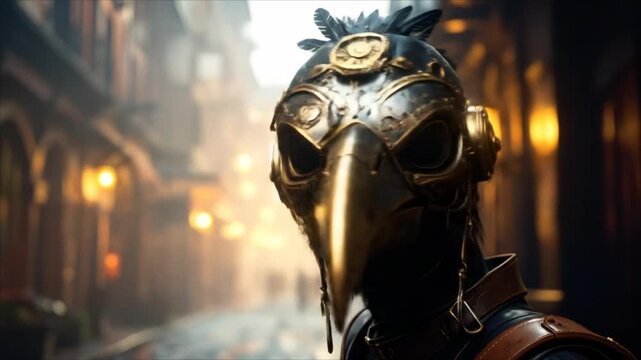Steampunk bird mask in city street